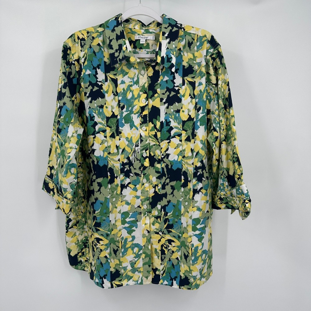 Chicos Womens Abstract Floral Print Top Sz 3.5 US 18 Painterly Botanical Vibrant